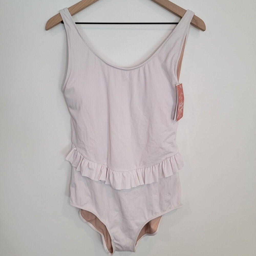 NWT KORTNI JEANE Womens White Ribbed Ruffle One Piece Swim Bathing Suit Size XL